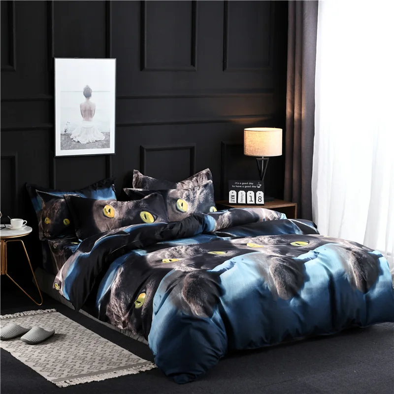 

4PCS/Set Duvet Cover Bed Sheet Pillowcase Bedding Sets 3D Cat Black Cat Queen Size Double Bedding Set Luxury