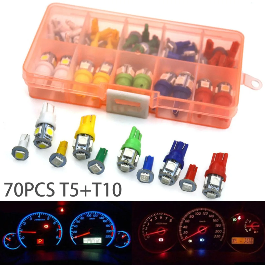 

New Arrival 70pcs T5+T10 LED Car Instrument Panel Light 5 Colors Cluster Dash Indicator Light Bulb Kit