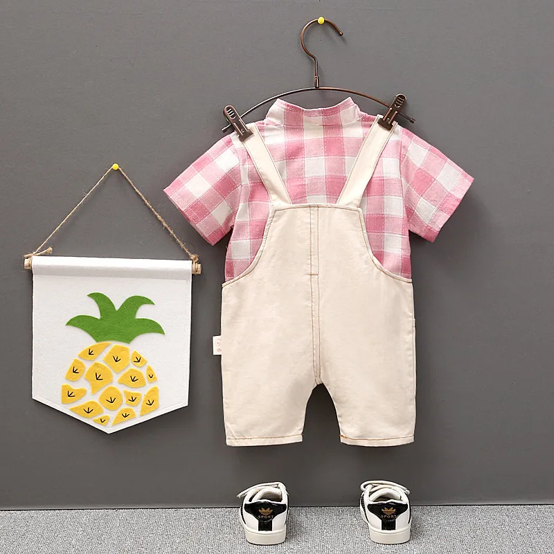 Summer Fashion Boys Girls Infant Clothes gentleman Plaid T-Shirt Bib Pants 2pcs/Sets Cotton Clothing Children Casual Baby suits