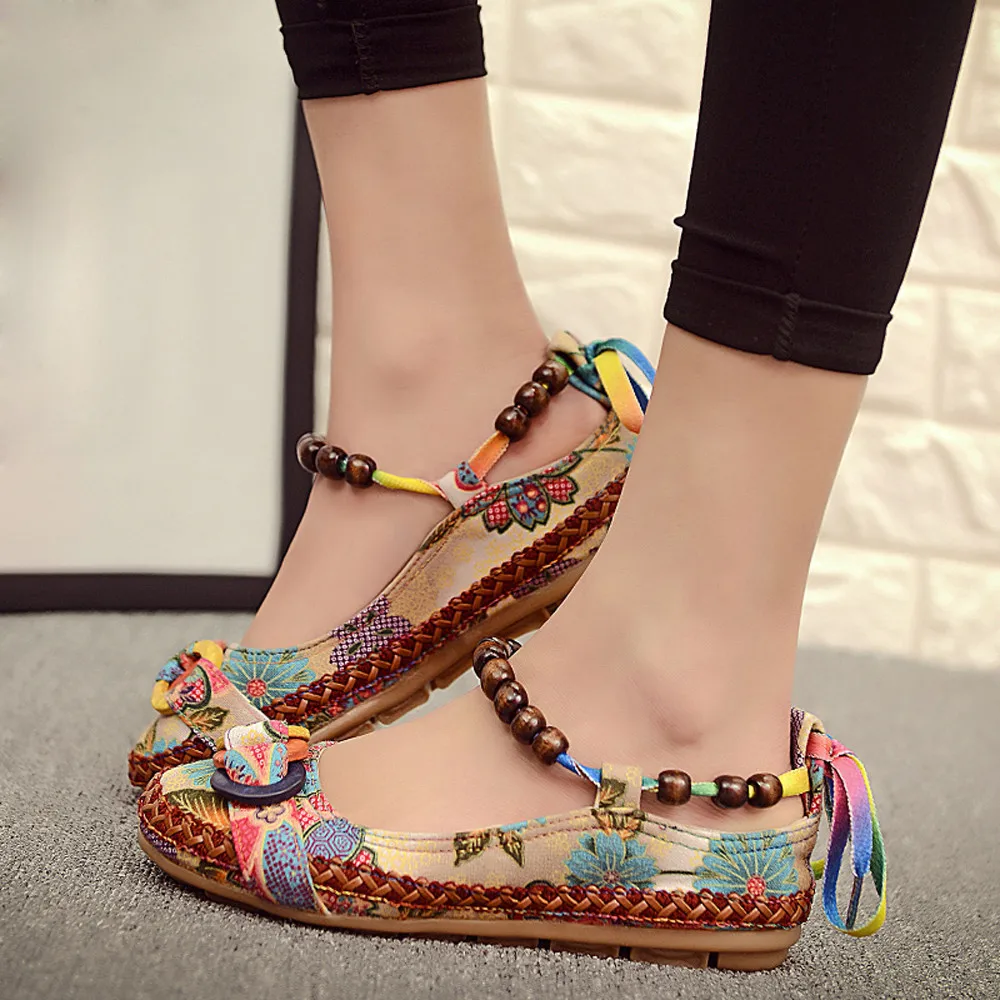 

Women Ethnic Beading Round Toe Colorful Casual Embroidered Cotton Shoes
