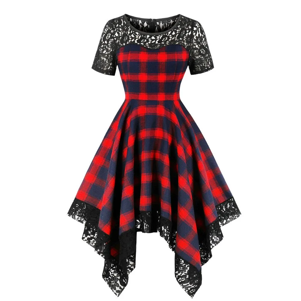 Rosetic Women Gothic Dresses Vintage Red Plaid Lace Asymmetrical Zipper