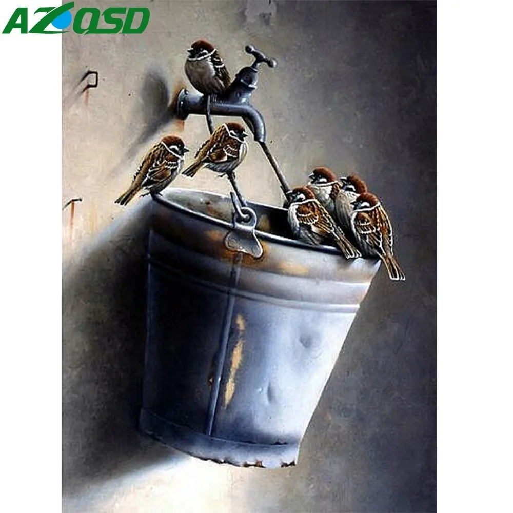 

AZQSD Diamond Mosaic Birds On The Bucket Diamond Embroidery Animal Cross Stitch Diamond Painting Diy Needlework Home Decoration