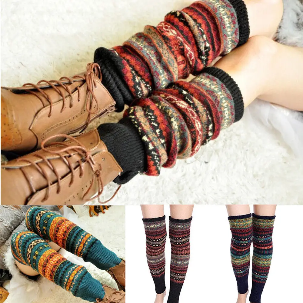 2019 New Fashion Women Printed Over Knee Wool Leg Warmers Knit Long