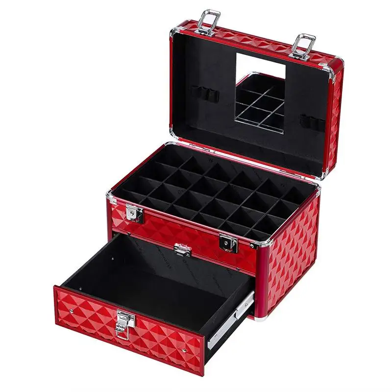 

Storage Box Suitcase Cosmetic Bag Women's Cosmetics Nail Polish Storage Box Mirror Red 24 Compartments 1 Drawer Portable Box