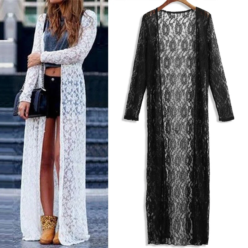 Floral Lace Women Kimono Cardigan Blouse Semi Sheer Plus Size 5XL Solid Open Front Long Elegant Summer Beach Cover Up Cardigan
