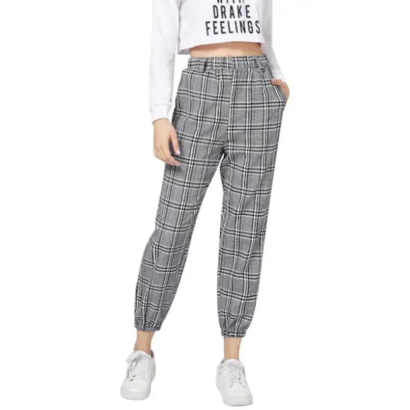 Plaid Knot Front Belte Pants Women Grey Casual Capris High Waist Spring Summer Print Harem Belt Long Trousers for Female Ladies Plaid Knot Front Belte Pants Women Grey Casual Capris High Waist Spring Summer Print Harem Belt Long Trousers for Female Ladies