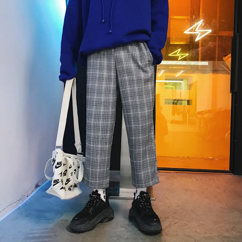 

2019 Brand New Korean Men Fashion Casual Loose Lattice Straight Leg men's printing mens linen Pants Plaid Trousers Homme M-xl
