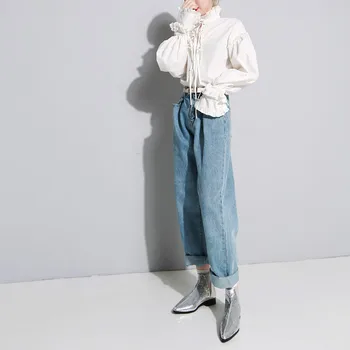 

2019 New Spring Stand Collar Long Sleeve Shirt Solid Loose Lotus Edge Split Joint Shirt Women Lace Up Fashion Blouse
