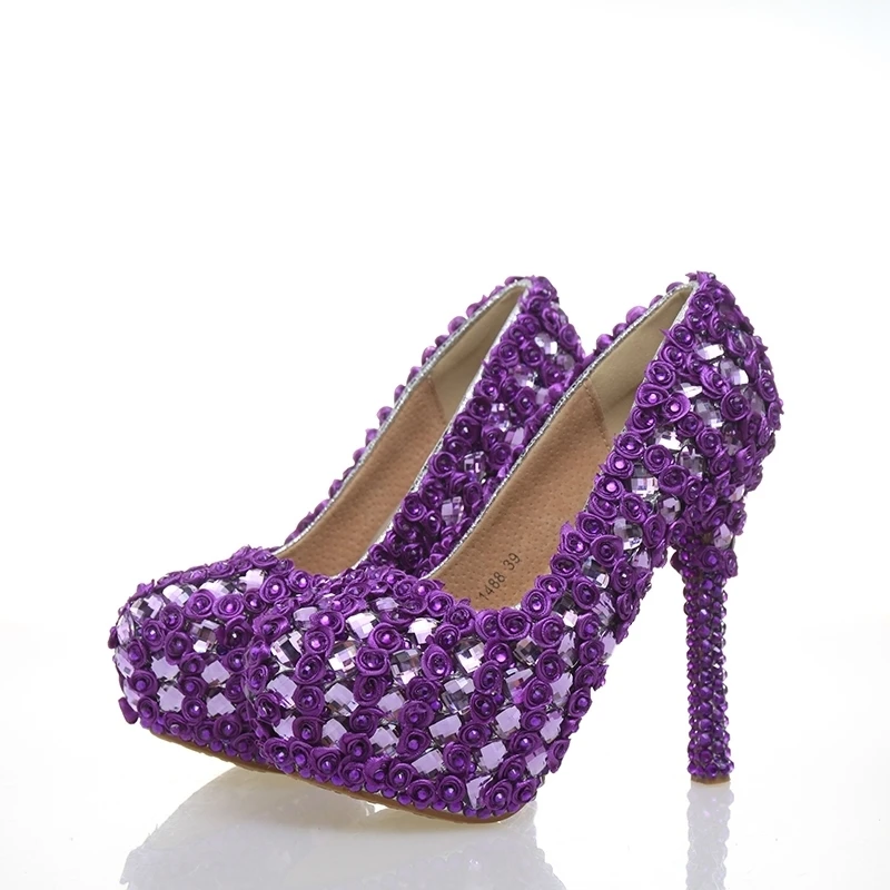 

Purple Rose and Rhinestone Luxury Shoes Women Wedding Sheos Pretty Bride Wedding Party High Heels Genuine Leather Prom Pumps