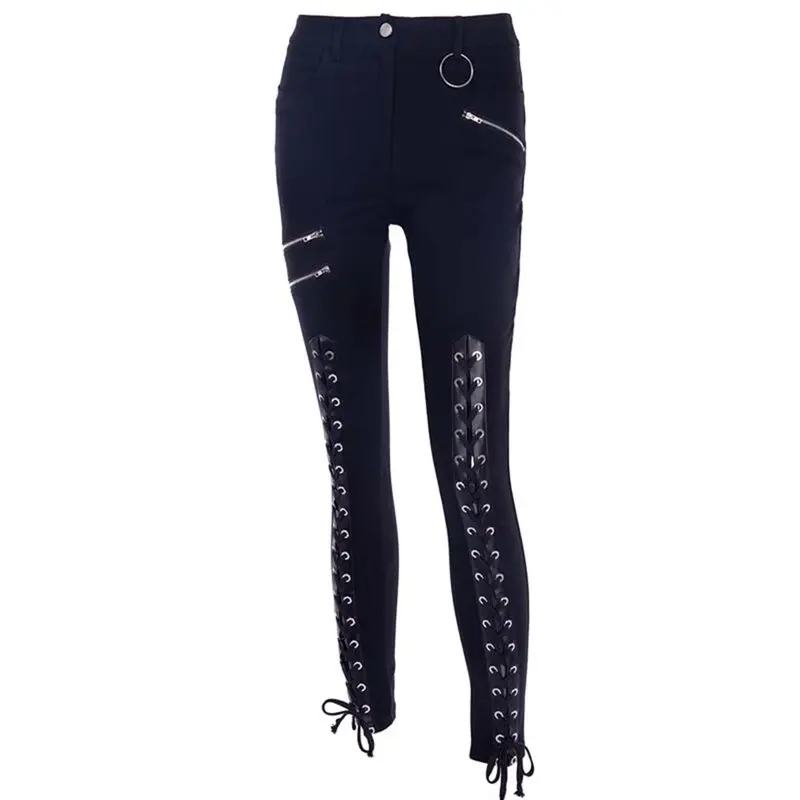 Для женщин джинсы для повседневное готический черный Шик Панк Хип Хоп Узкие однотонные на молнии кружево до Весна 2019 High Street Женская мода
