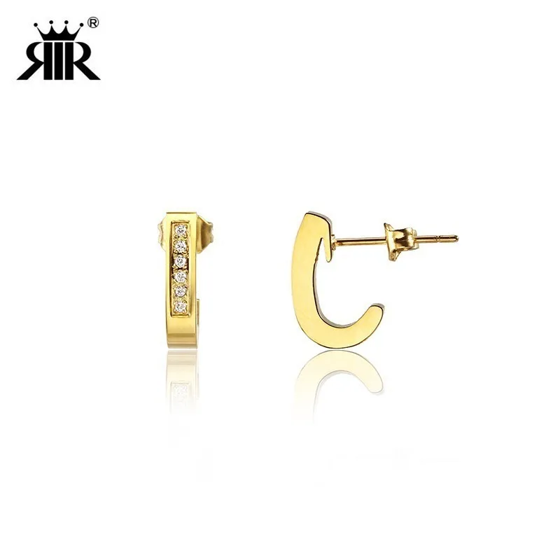 

RIR French Fishing Jewelry Silver Letter J Shaped CZ Stone Crystal Earring Fish Hook Studs Earrings Christmas Gift for Wife