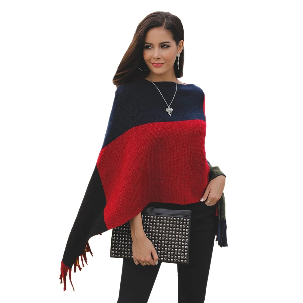Женский сращивающий цветной пуловер шаль больших размеров вязаный свитер плащ летучая мышь рукав свободный свитер