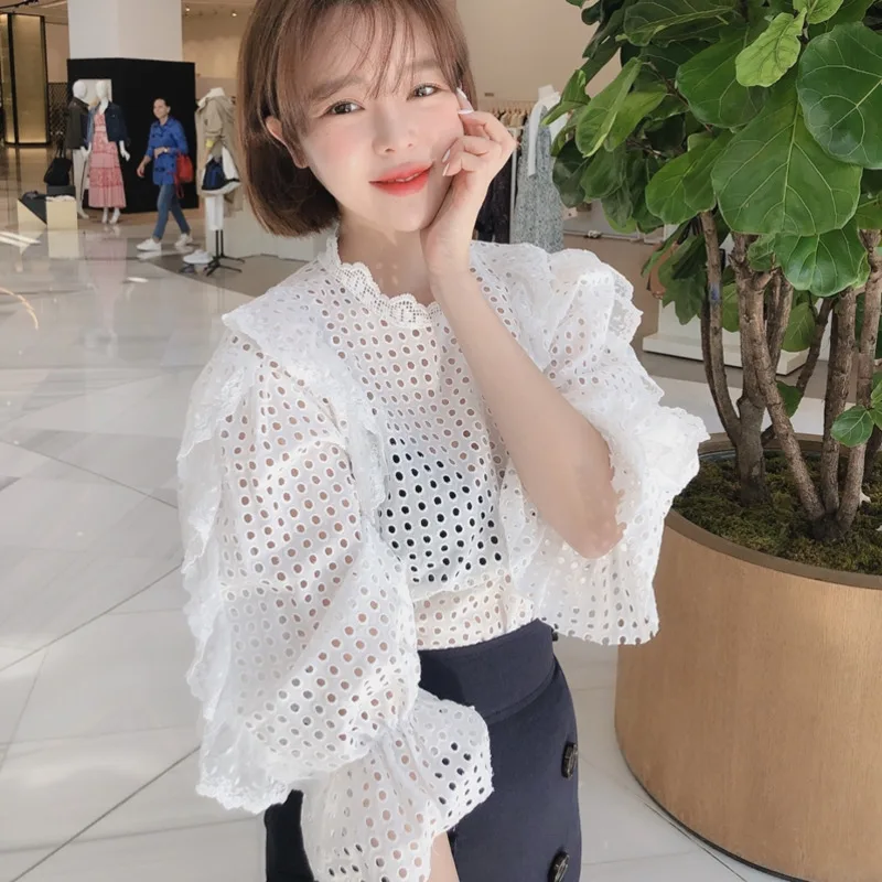 

[EWQ]2019 Spring New Korean Style Collar Long Flare Sleeve Perspective Lace Sun Protection Loose Trend Women Summer Blouse QG094