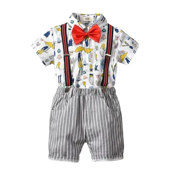 

Children's Clothing Trend Short Sleeve Shirt Gentleman Bow Tie Strap Striped Shorts Set of Four Children's Suit