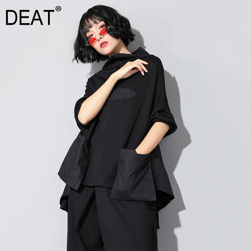 

[DEAT]2019 New Autumn Winter High Collar Long Sleeve Black Loose Pocket Stitch Irregular Hem Big Size T-shirt Women Fashion JQ01