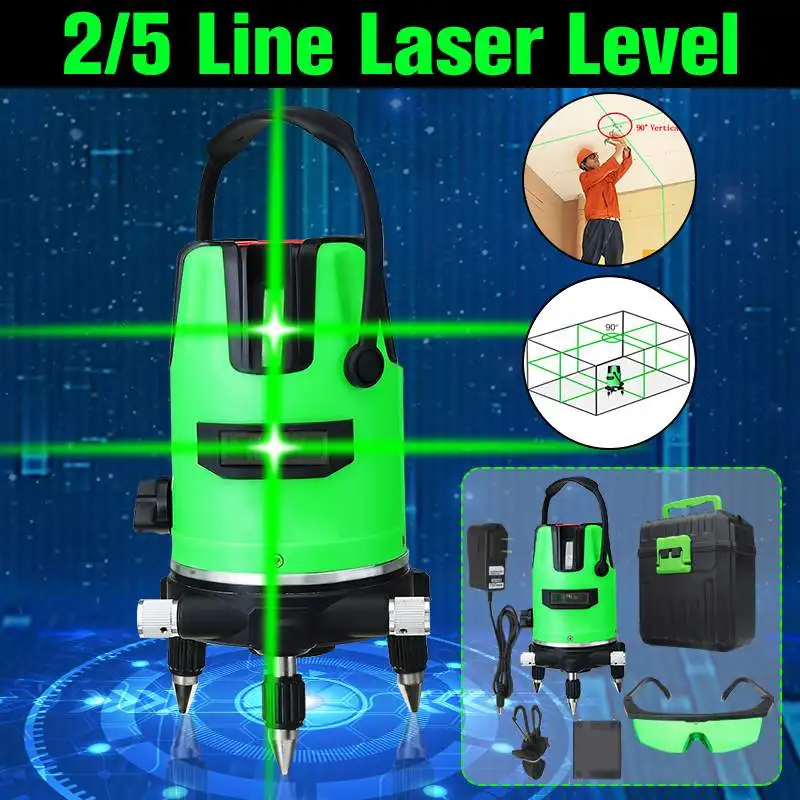 

2/5 Line 3D Green Laser Level Automatic +2 Batteries Self Leveling 360 Horizontal Vertical Level Measuring Instruments