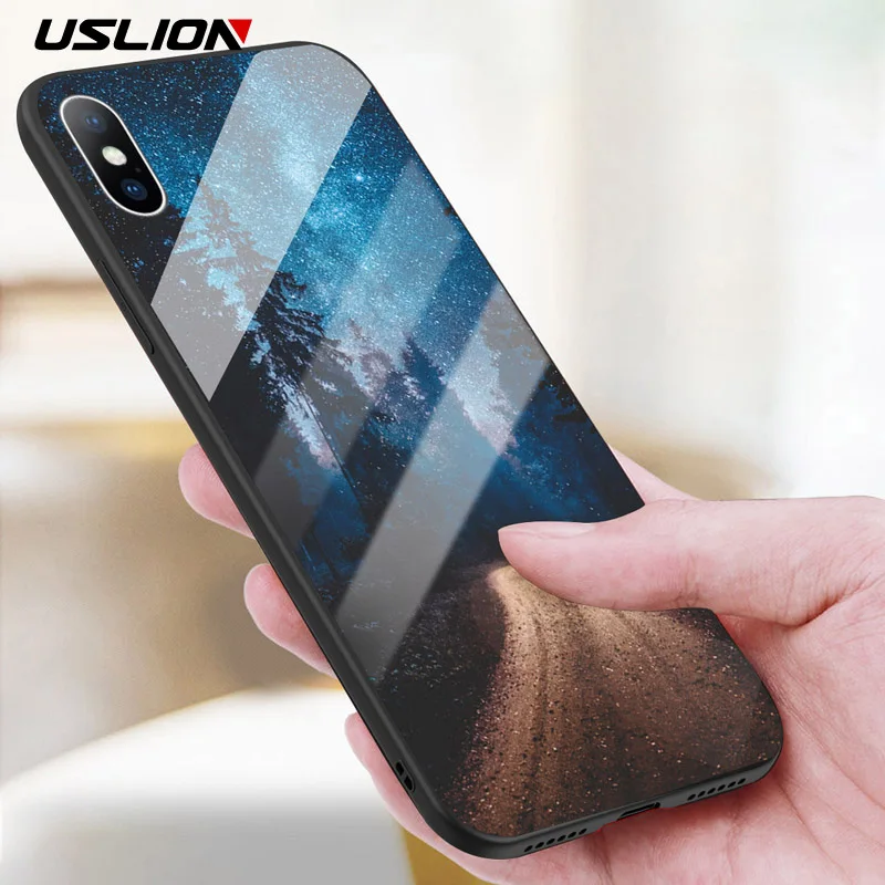 

USLION Tempered Glass Back Case for iPhone XR XS Max X 8 Plus Starry Sky Stars Phone Cases for iPhone 7 6 6s Plus Hard Cover