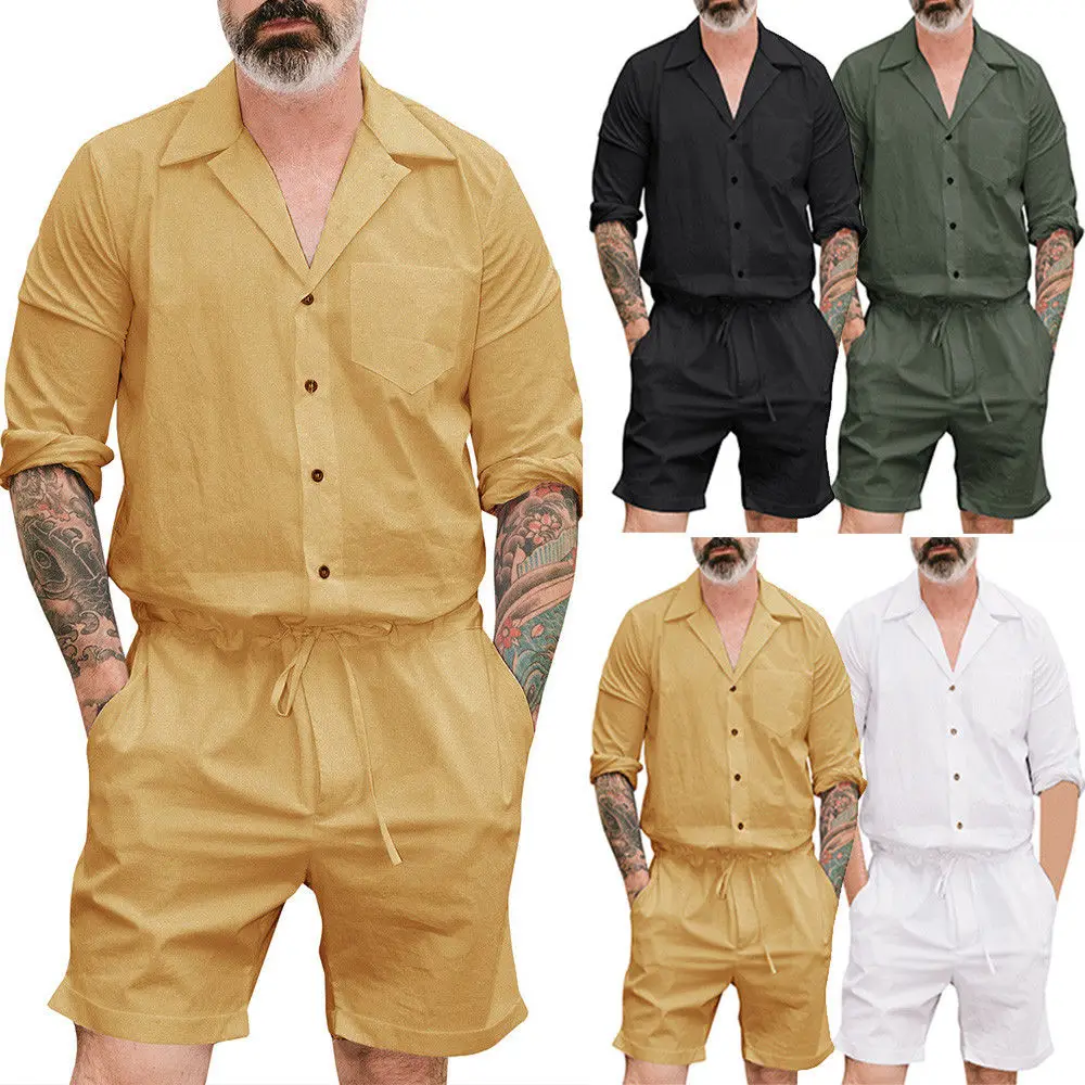 Thefound Casual Men Jumpsuit Short Solid Romper Button Zipper Short
