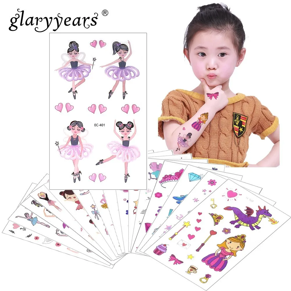 

GlaryyearS 1 Sheet Temporary Tattoo Sticker Colorful Fake Tatoo Princess Flash Tatto Waterproof Small Body Art Child 24 Designs
