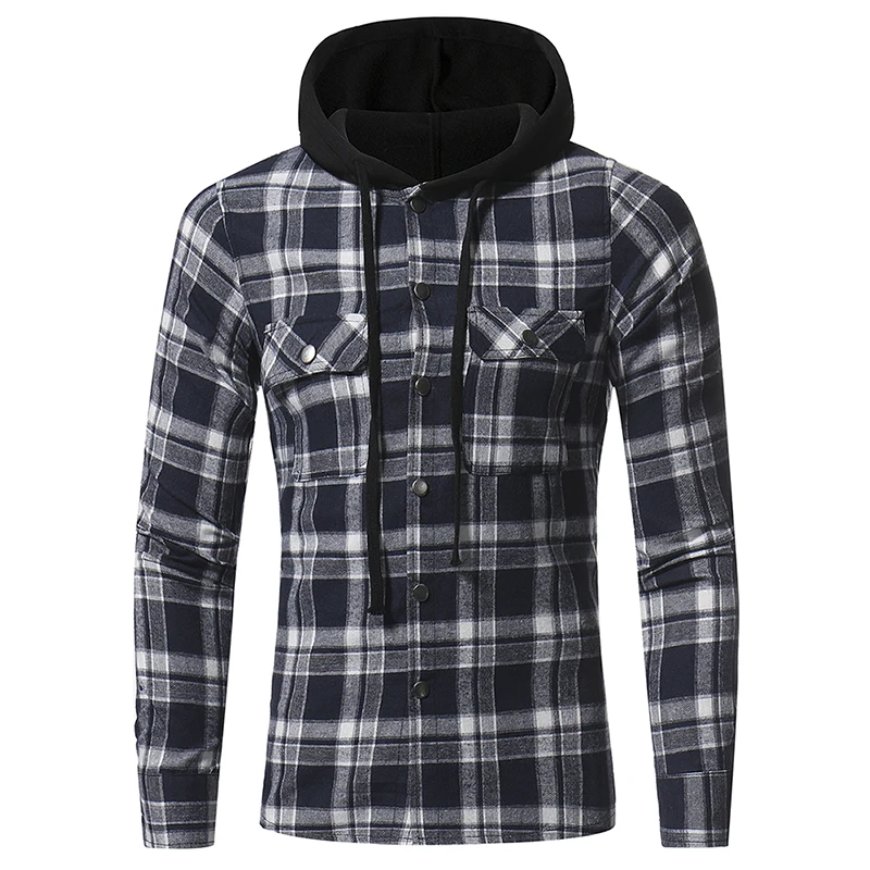 

2019 new flannel cotton large lattice slim shirt large size S-3XL double pocket hooded casual men's plaid long-sleeved shirt