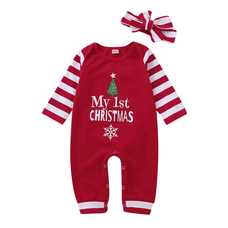 

Christmas Newborn Baby Boy Girl Clothes Striped Long Sleeve Cotton Romper Jumpsuit Playsuit Headband 2pcs XMAS Clothes 0-2T
