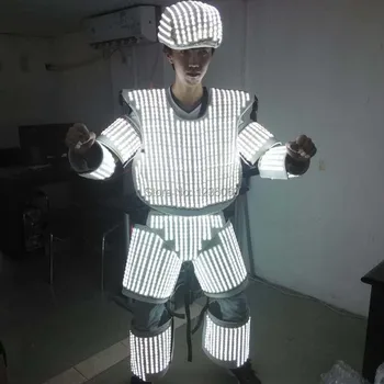 

New White Color LED Luminous Light Up Flashing Robot Suit Costume With Helmet For Nightclubs Party Supply DJ Dance Clothes