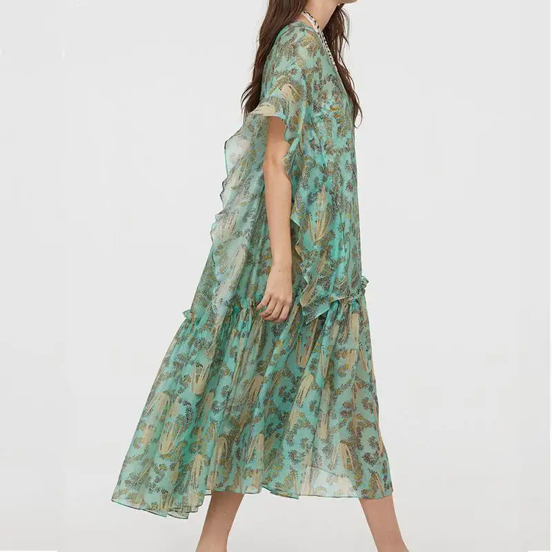 

Women Chiffon Dress Summer 2019 New Fashion Prints Pattern Ruffle Mid-Calf Loose Clothing Beho People Dresses Feminino Vestidos