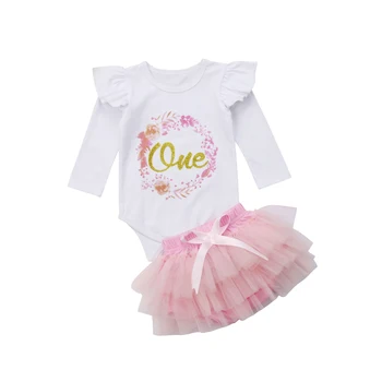 

Toddler Baby Girl 1st Birthday Clothes Ruffle Long Sleeve Floral Gold One Romper +Tutu Lace Shorts Skirt Outfit Clothing Set