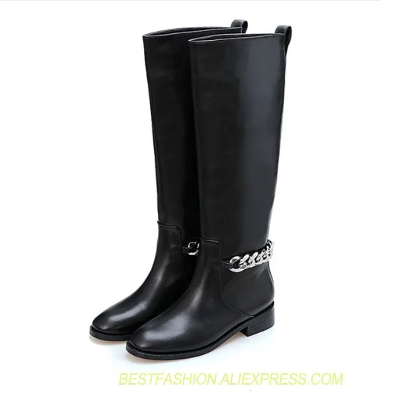 

Fashion black leather versatile knee high boots women's round head back chain knight boots women's flat boots winter boots