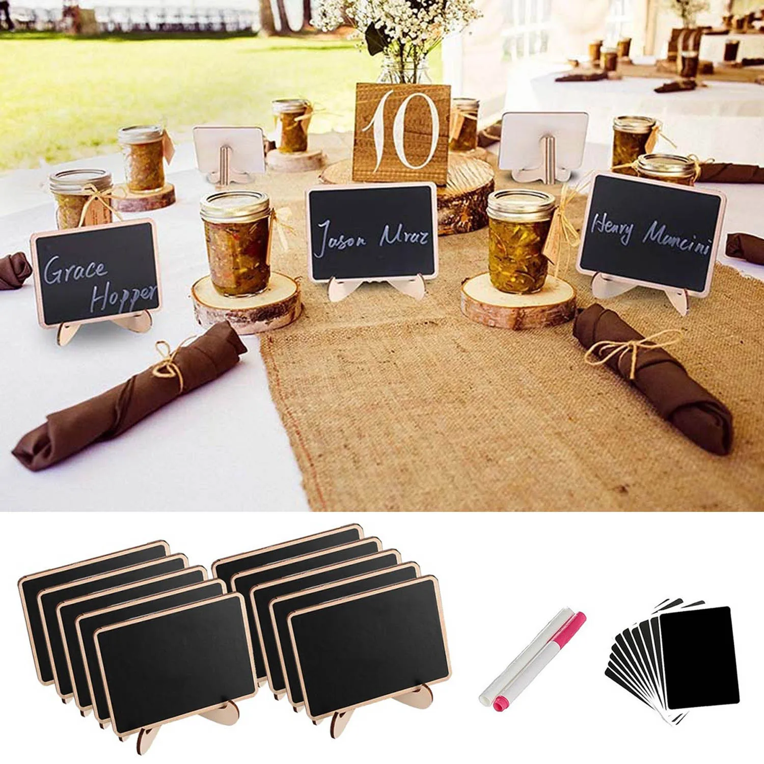 

10PCS Mini Wood Blackboards Chalkboards with Stands 10PCS Labels 2PCS Liquid Pens for Wedding Party Daily Home Desktop Decor