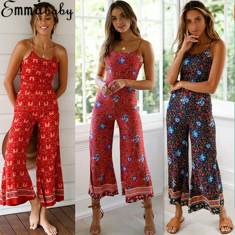 Womens Floral Holiday Long Playsuit Beach Jumpsuit Strappy Wide Leg