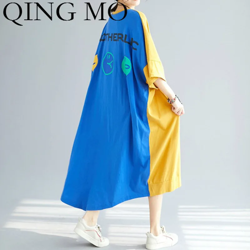 QING MO 2020 Women Color Patchwork Dress O Neck Short Sleeve Slim Oversize Orange Purple Blue ZQY186 | Женская одежда