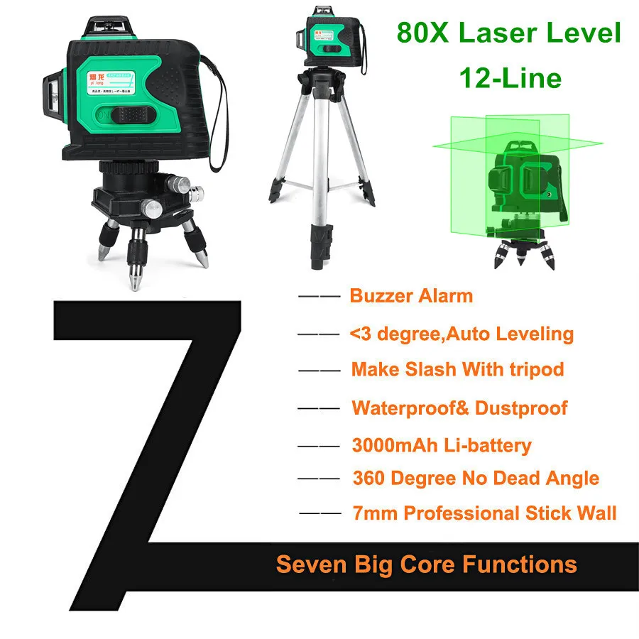 

360 Degree Laser Waterproof Auto Self Leveling 3D 12 Line with Tripod Vertical Horizontal Level Cross GREEN Plumb-point Function