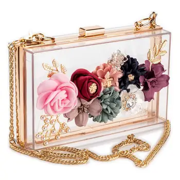 

ABDB-Women PVC+ fabric Flower Clutches Crossbody Floral Purse With Gold Chain Pearls Beaded Evening Bags For Wedding Prom Banq