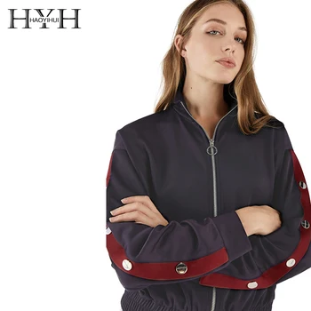 

HYH HAOYIHUI Half-necked Short Jacket Streetwear Long Sleeve Zipper Bomber Jackets Spring Autumn Coat Female Outwear Tops