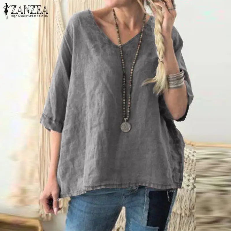 

ZANZEA 2019 Summer Half Sleeve Tops Women Vintage V Neck Solid Blouse Chemise Female Tunic Tops Robe Blusas Casual Shirt Femme
