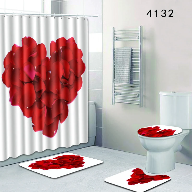 

Printing Shower Curtain Bathroom Mat Non-Slip Toilet Lid Cover Rug Set