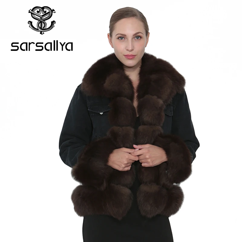SARSALLYA Натуральный Реальный лисий мех джинсовая куртка Для женщин пальто парка меховой воротник пальто зима теплая женская одежда парка пальто