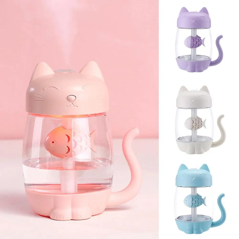 

350ml Cartoon Cat LED Night Light Humidifier Mini Fan Car Home Office Diffuser
