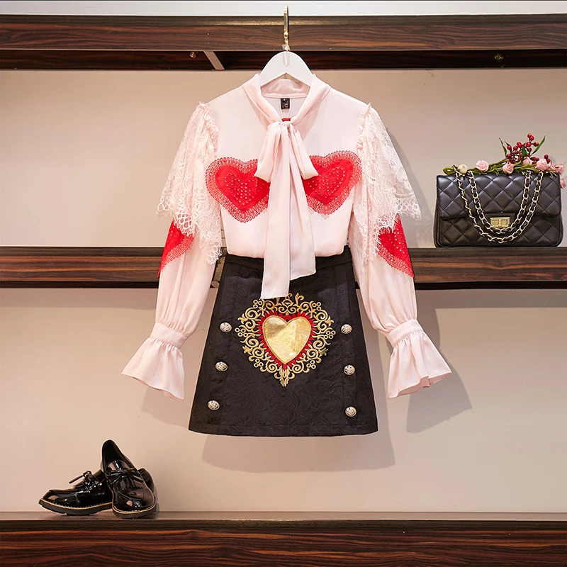 

Banulin Runway Skirt Suits Set Spring Women Embroidery Red Hearts Appliques Lace Bows Pink Tops Blouse Jacquard A-Line Skirt Set