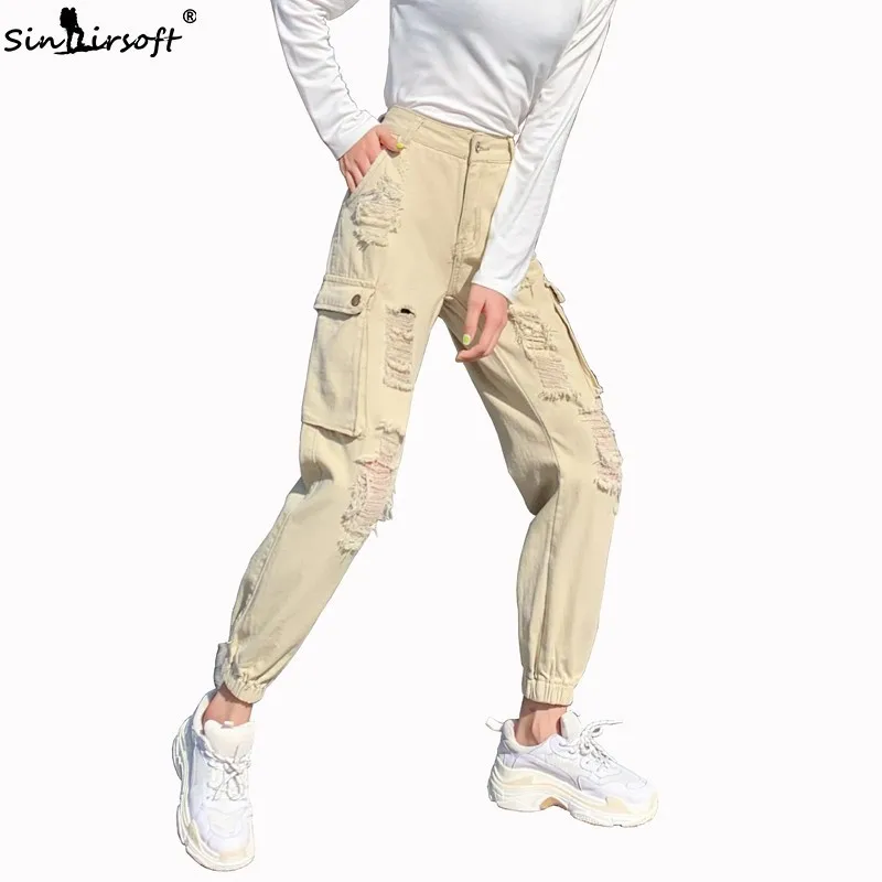 

2019 Modis High Waist Denim Cargo Pants Women Boyfriend Streetwear Casual Joggers Pants Ladies Loose Ripped Hole Jeans Trousers