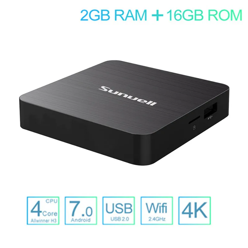 

Sunvell H3 TV Box Allwinner H3 Android 7.0 2GB RAM 16GB ROM 2.4G WiFi 100Mbps Support 4K H.265 3D Games Video