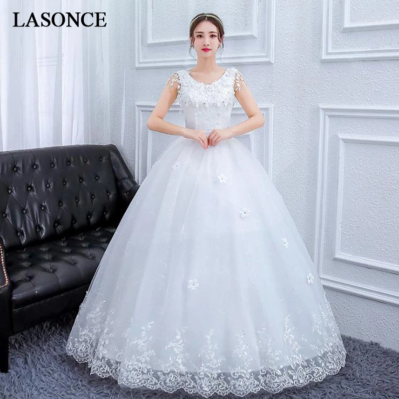 

LASONCE Elegant Lace Appliques O Neck Sash Ball Gown Wedding Dresses Crystal Flowers Tank Backless Bridal Gowns