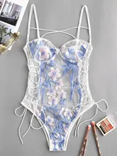 Flower Embroiderd Lace Up Mesh Bodysuit Sexy Romantic Women Playsuit Fashion White Bralette Sleeveless Overalls lace up side sleeveless bodysuit