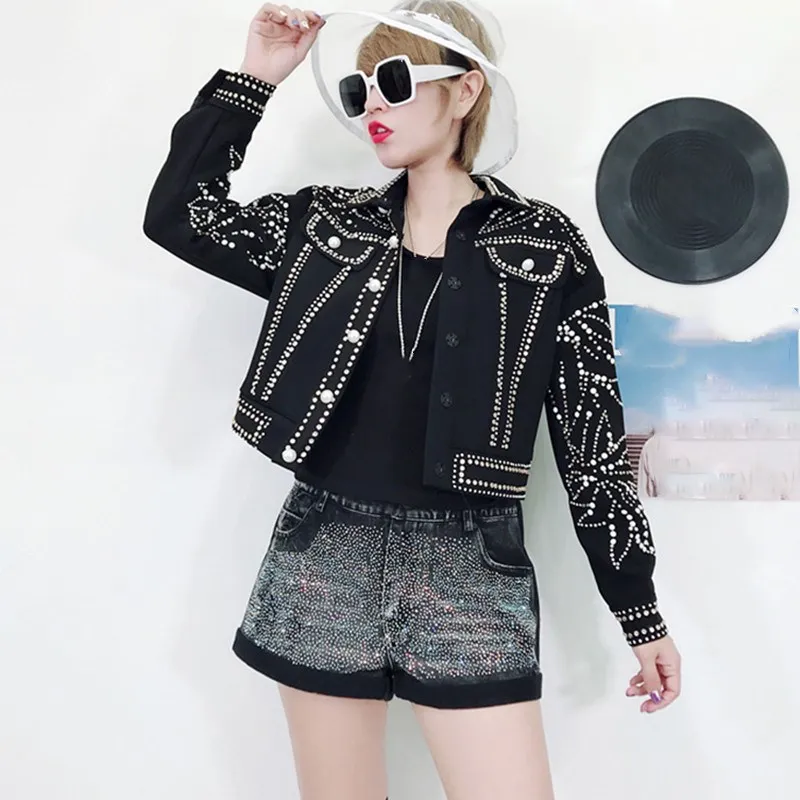 Female 2019 Spring Streetwear Black Denim Jacket Harajuku Heavy Hand Beaded Pearls Diamonds Coat
