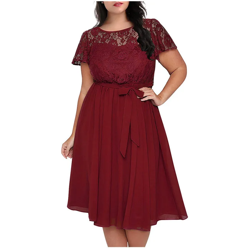 

Women Vintage Lace Patchwork A-line Dress Plus Size L-5XL Short Sleeve Midi Party Dress Casual Female Lace Up Chiffon Dress