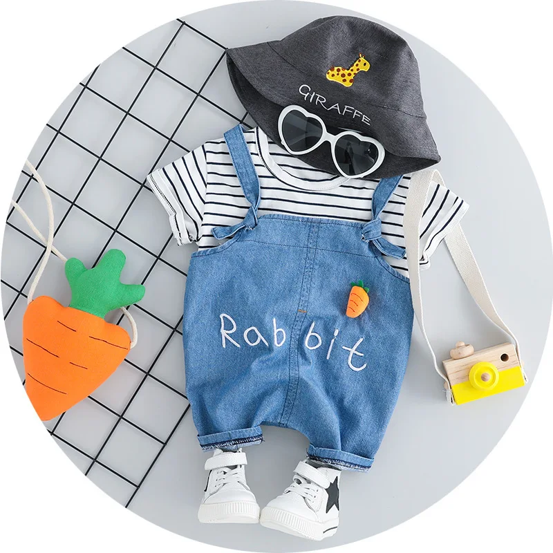  OKLADY Baby Girl Summer Tee Clothing Set Cute Fashion Radish T Shirt Denim Suspender Pants Baby Boy