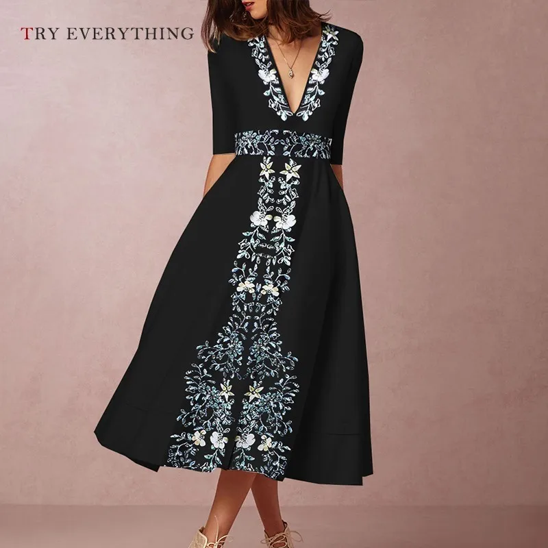 

Black Plus Size Casual Dress Summer 2019 Women Print Floral Vintage Dress Elegent Ladies Halfsleeve Tunic Long Dresses Women 3XL