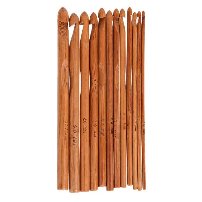 

12 Size 15cm Crochet Hooks Bamboo Knitting Needles Knit Weave Yarn Crafts DIY Knitting Tools 3mm-10mm