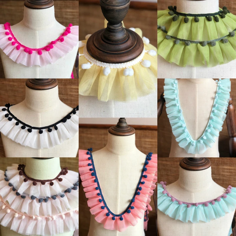 

1Yard 3D Tulle Fine Lace Fabric Elastic Pleated Lotus Leaf Guipure Pompom Trim Skirt Doll Clothes Trim DIY Sewing Accessories